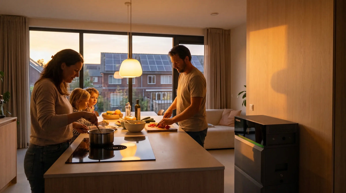 Gezin gebruikt zonnestroom in de avond met een thuisbatterij na 2027