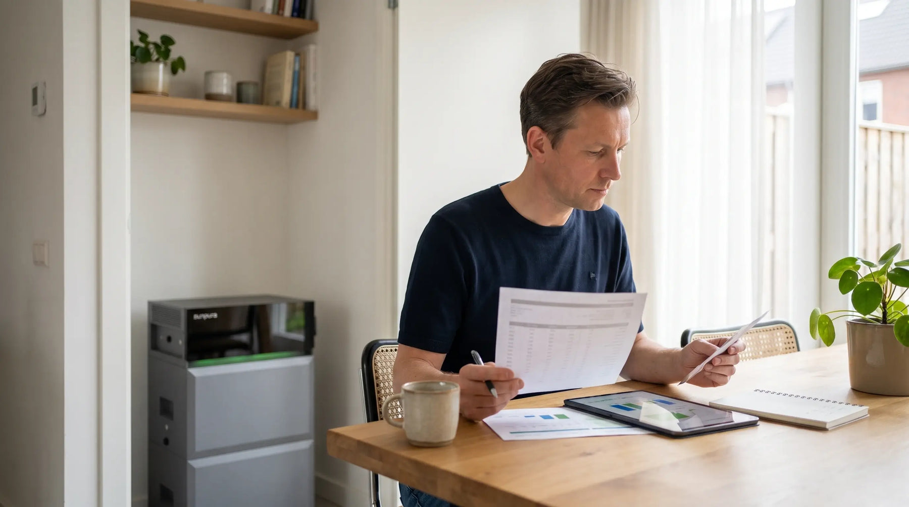 Huiseigenaar_vergelijkt_specificaties_van_een_thuisbatterij_op_een_tablet_in_een_Nederlandse_woning