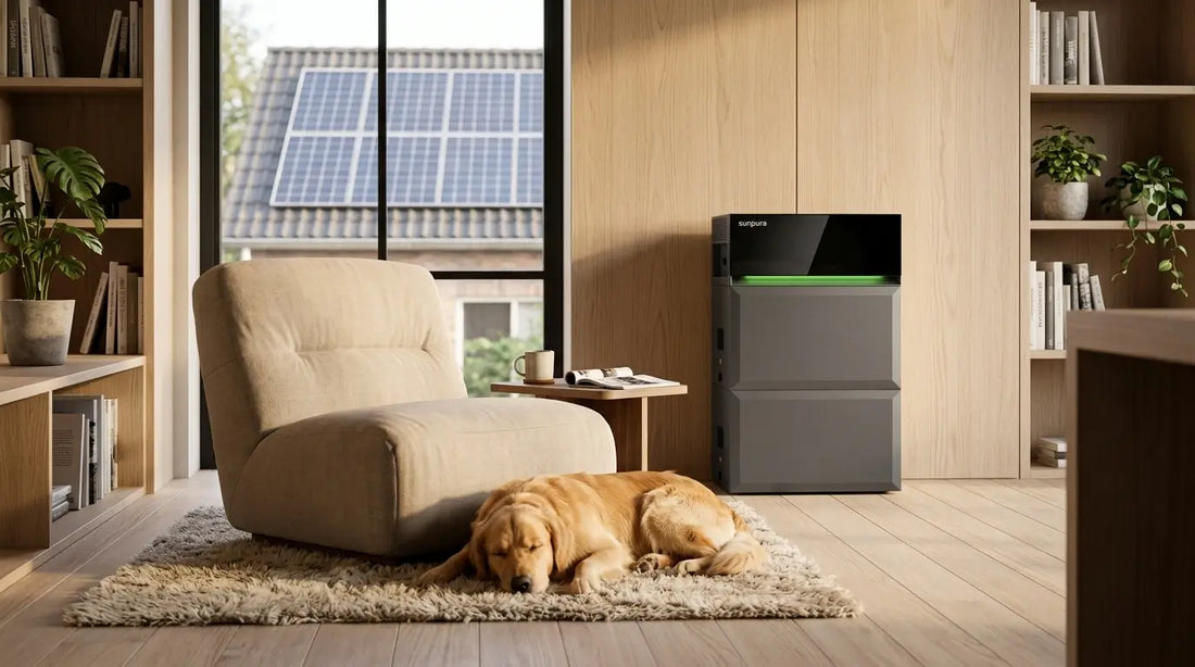 Moderne Nederlandse woning met zonnepanelen en een plug-and-play thuisbatterij na de afschaffing van de salderingsregeling