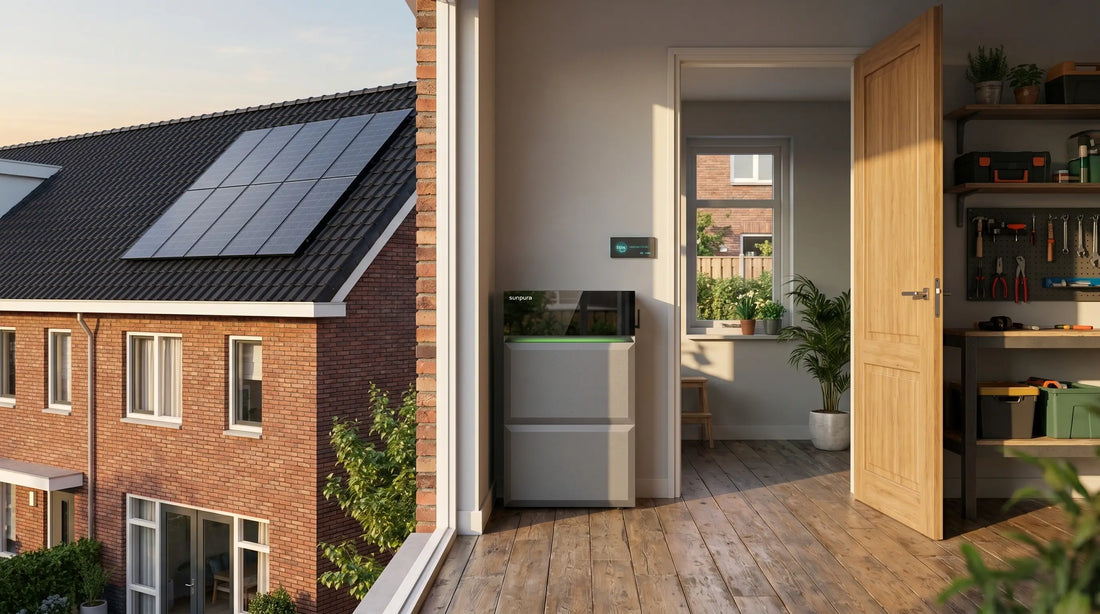 Nederlandse woning met zonnepanelen en compacte thuisbatterij om terugleverkosten te verlagen