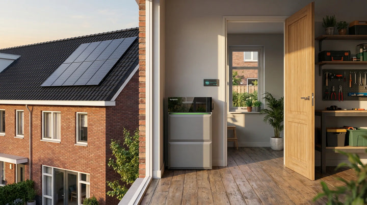 Nederlandse woning met zonnepanelen en compacte thuisbatterij om terugleverkosten te verlagen