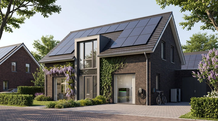 Woning met zonnepanelen en slimme energiemonitoring om het eigen verbruik te verhogen