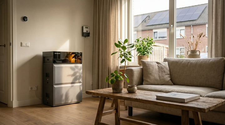 Plug-in thuisbatterij in een Nederlands huis met slimme meter en zonnepanelen