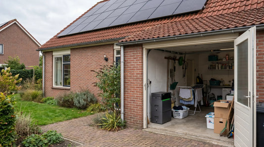 Nederlandse woning met zonnepanelen en compacte thuisbatterij voor avondverbruik